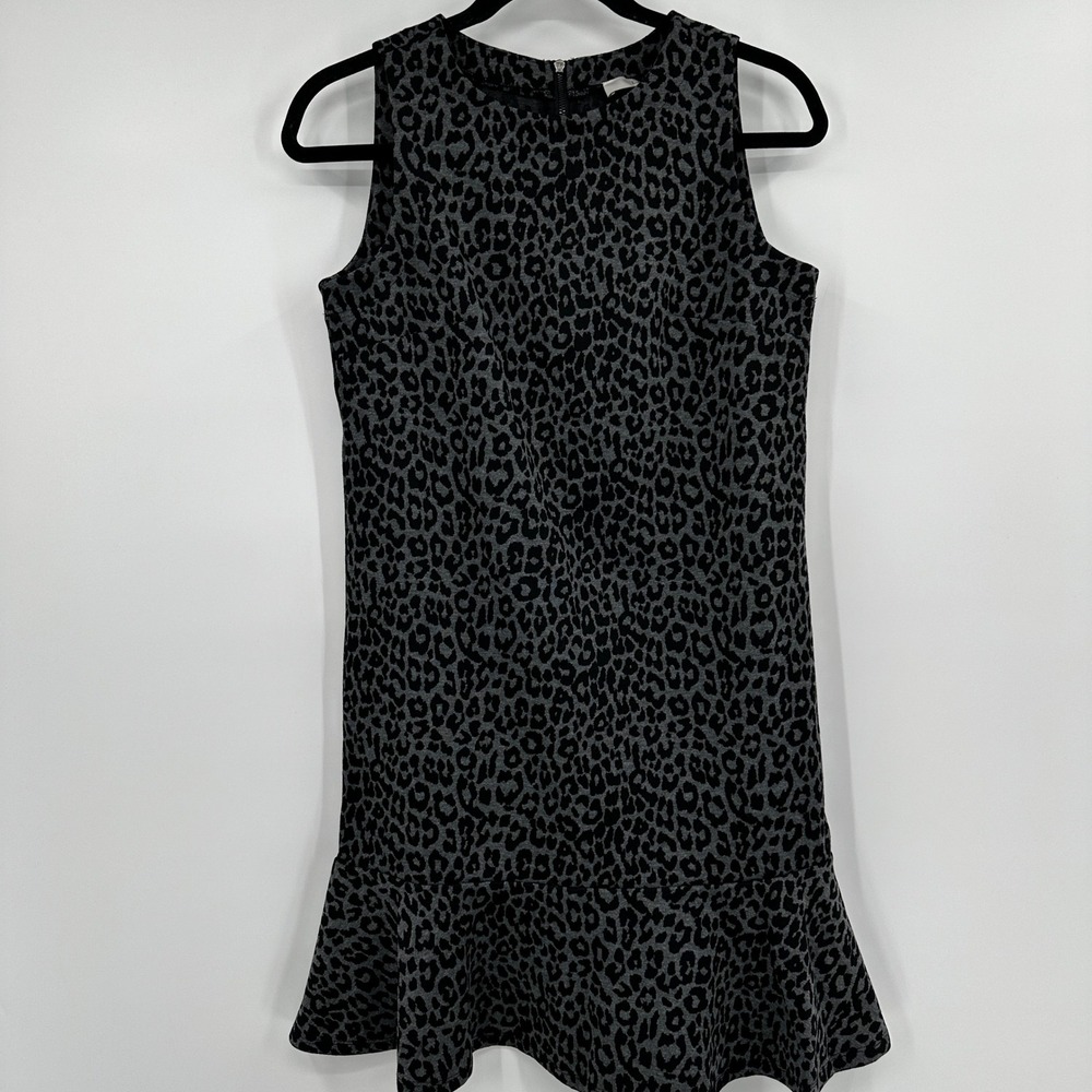 LOFT Grey Black Leopard Animal Print Drop Waist Ruffle Hem Shift Dress Size 0